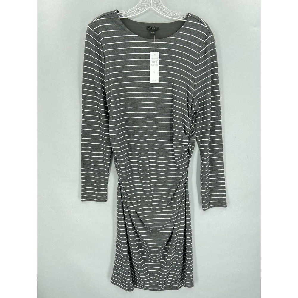 Ann Taylor Dress Womens Large Sheath Midi Gray Stripe Ruched Stretch L NWT